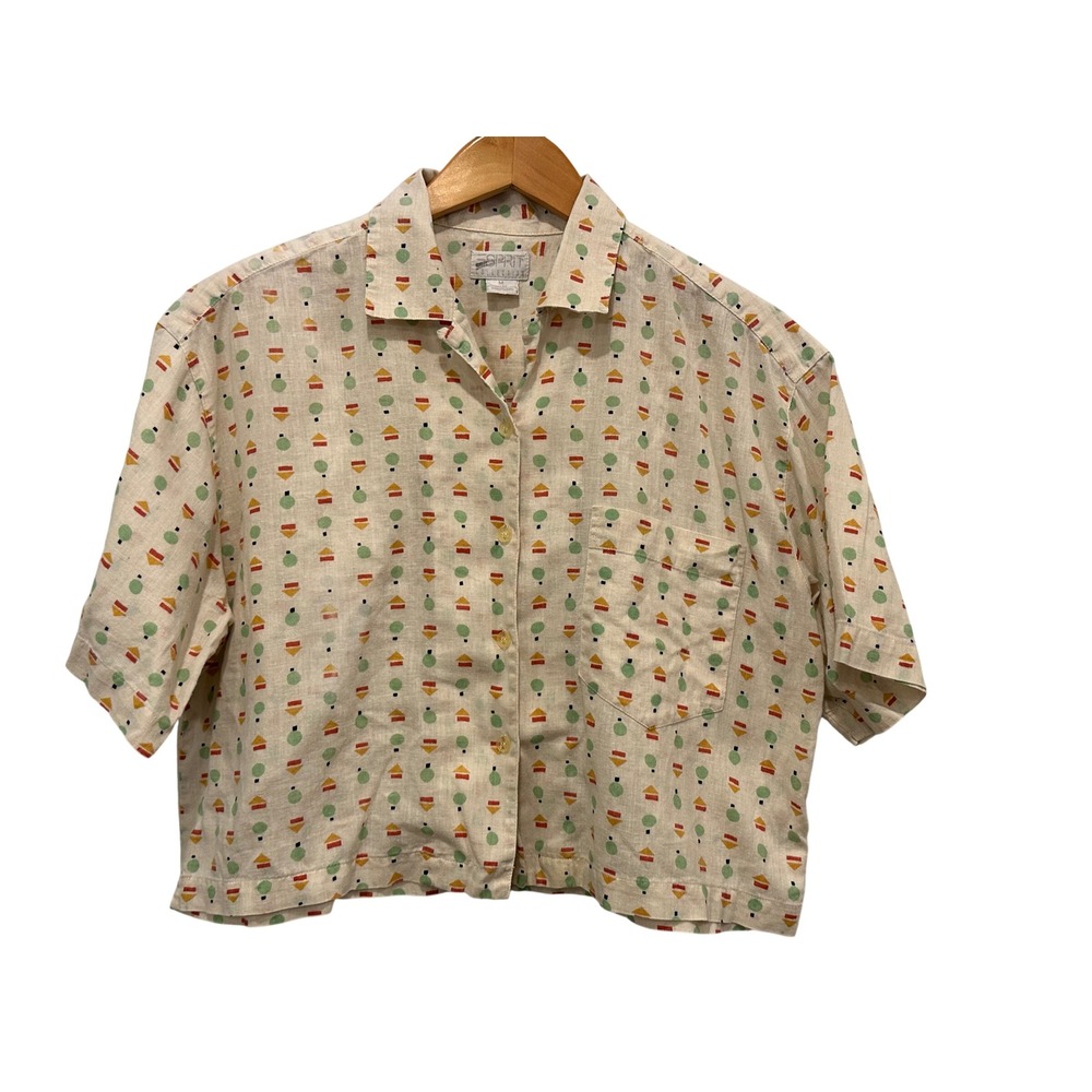 Esprit Collection Vintage Geometric Print Cotton Linen Ramie Shirt Womens Medium